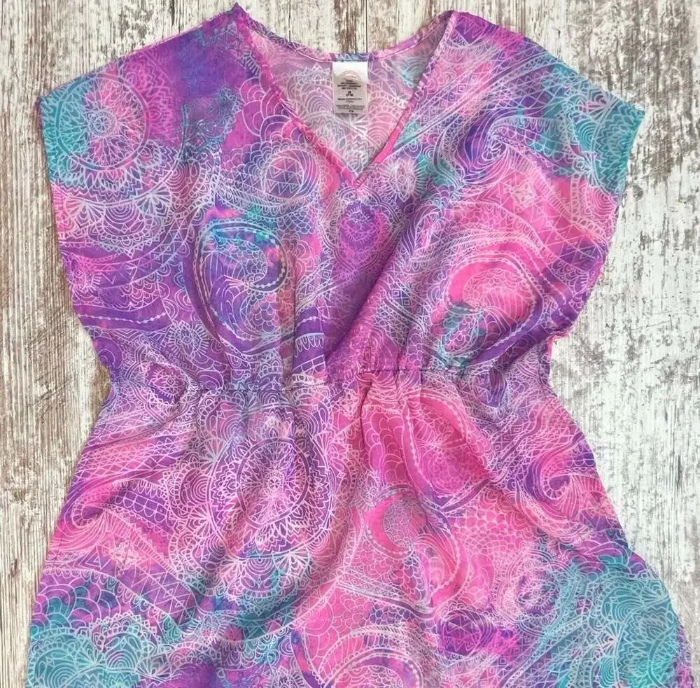 7/8 M Girls' sheer tunic swim cover-up vibrant pink, purple, and teal paisley